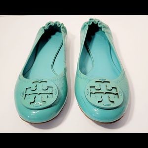 Tory Burch Green Biscay 401 Logo Nappa Leather Ballet Flats Shoes Sz 10.5
